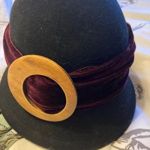 Black wool cloche hat with burgundy ribbon
